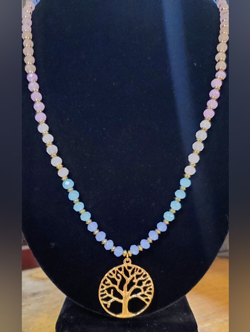 Gold Tone Tree of Life Pendant Necklace with Pastel Gemstones